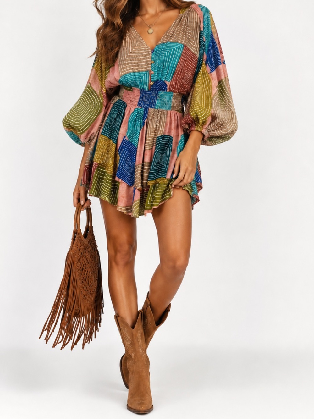 ENTRO Multicolor Patchwork V-Neck Romper Shorts w Smocked Waist